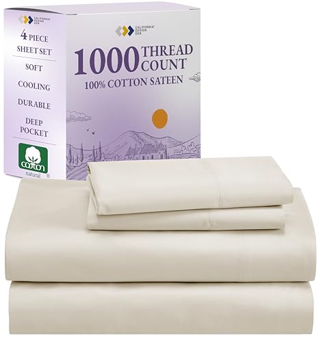 California Design Den 1000 Thread Count Queen Size Sheet Set, Winner Architectural Digest Best Sheet, 4 Pc Luxury 100% Cotton Sateen Bed Sheets