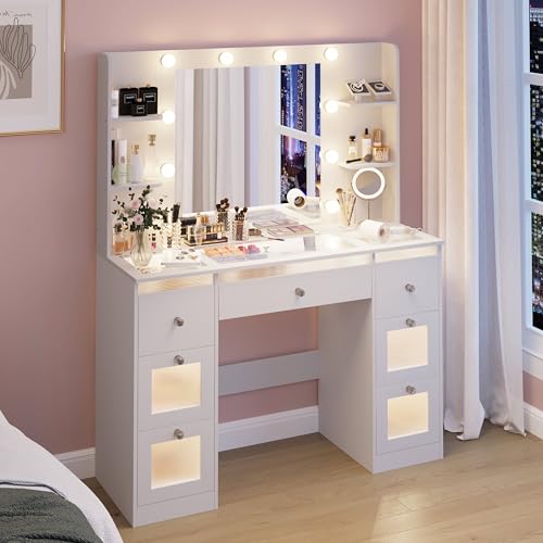 Makeup Vanity with Lights 3 Colors, Glass Top Vanity Desk with 7 Lighted Drawers, 4 Shelves, Power Outlet, Makeup Desk with Mirror for Bedroom