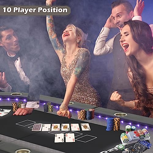 LED Poker Table, 10 Player Foldable Texas Holdem Table w/Inlaid LED Light, 2 USB & 2 Type-c Ports