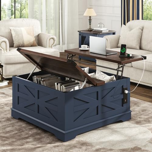 36" Farmhouse Movable Lift Top Coffee Table with Storage and Power Outlets, Square Wood Living Room Tables with Wheels&Large Hidden Space
