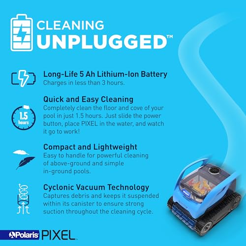 Polaris Pixel Compact Cordless Robotic Pool Cleaner for Above-Ground & In-Ground Pools up to 30ft, Long Lasting Battery
