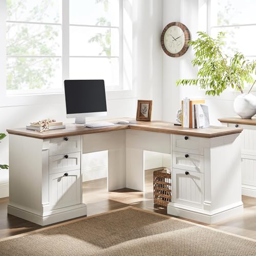 OKD 60" Executive Desk with Drawers, Farmhouse Home Office Desk with Charging Station, Keyboard Tray, File Cabinet Storage