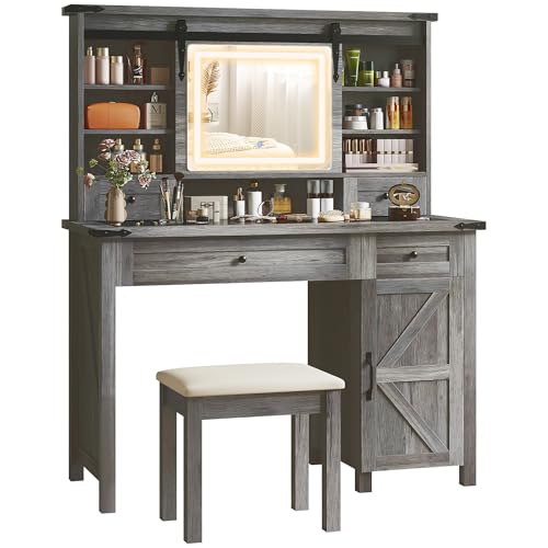 HOMCOM Farmhouse Vanity Desk with Mirror, LED Lights Makeup Vanity Table with 42 Inch Glass Tabletop, Cushioned Stool, Drawers & Shelves & Cabinet
