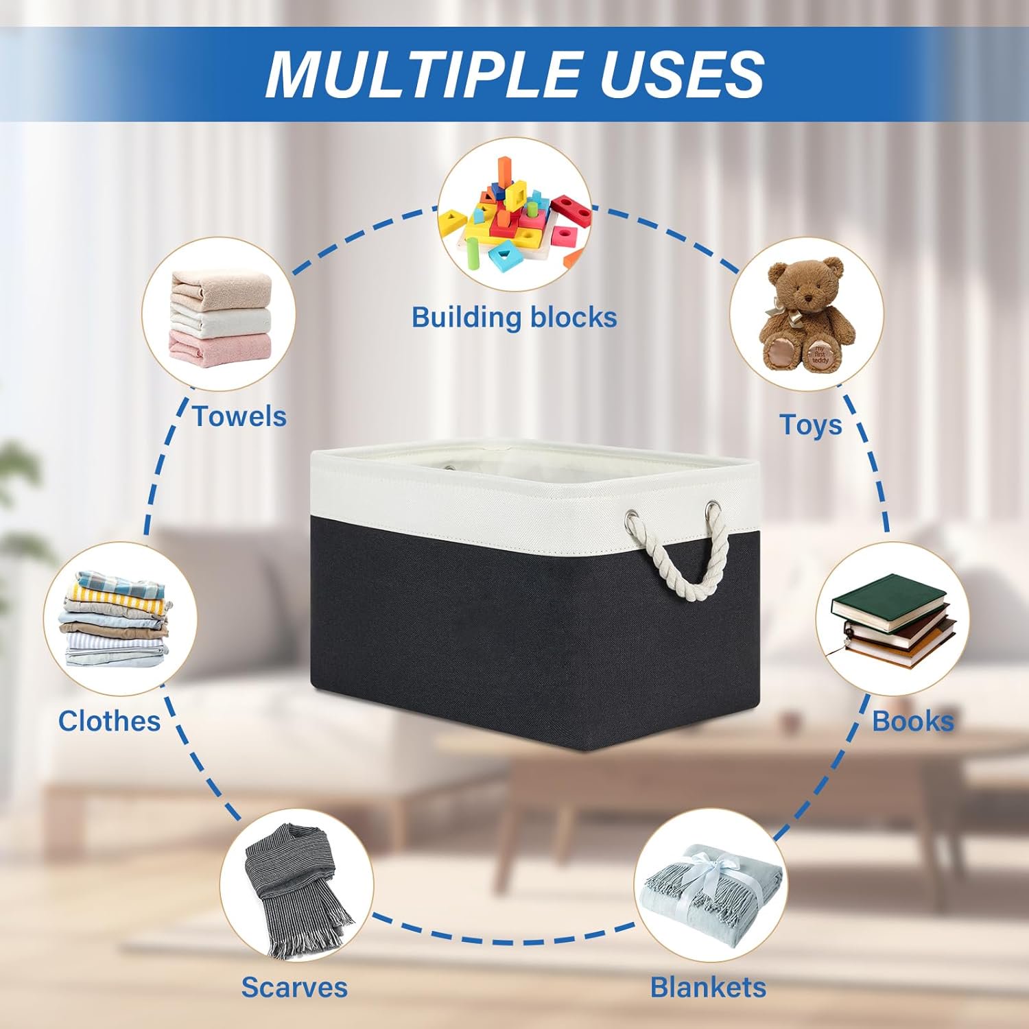 Fabric Storage Baskets 4Pack Storage Bins Decorative Basket for Gift, Clothes Bin with Rope Handle, Rectangle Baskets for Storage, Blankets(White&amp