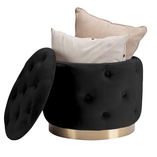 Button Tufted Velvet Round Storage Ottoman, Modern Upholstered Foot Rest Stool with Gold Plating Base, Accent Coffee Table seat for Living Room