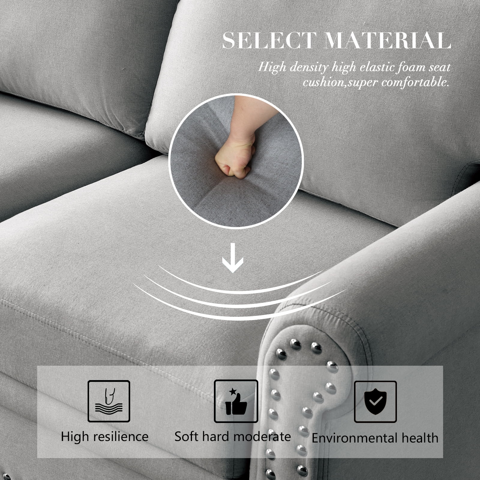 Momspeace 3 Seater Sofa Couch Upholstered Convertible Chaise Sleeper Sofa Chair Linen Fabric&nbsp;Comfy Couch for Living Room - Gray