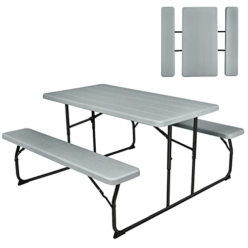 GYMAX Picnic Table, 550 LBS Folding Picnic Tables with Benches & Seats, Weather-Resistant Easy Setup Portable Picnic Table