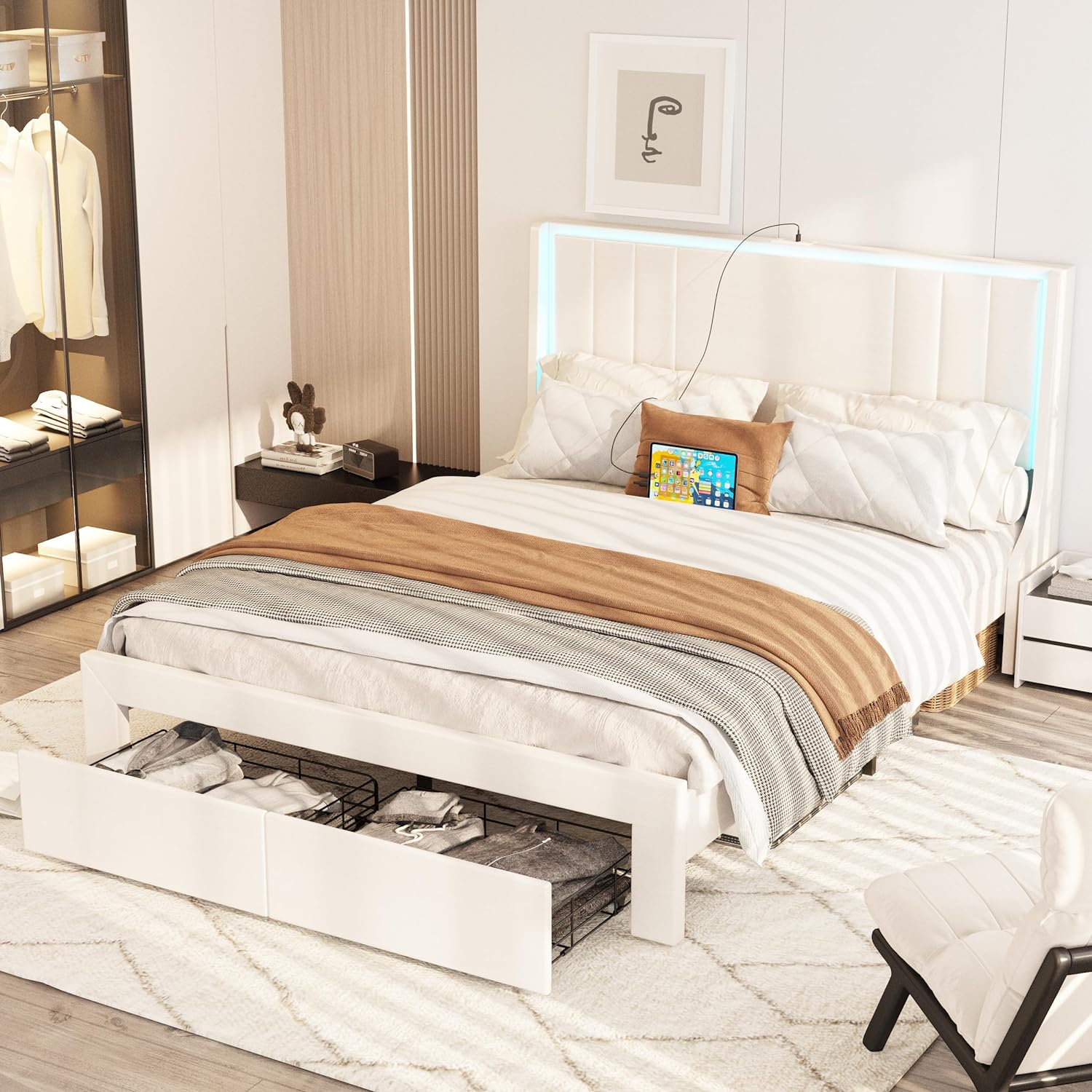 Vabches Queen Size Bed Frame with LED Light and 2 Hidden Storage Drawers with Leather Upholstered Headboard and Charging Station
