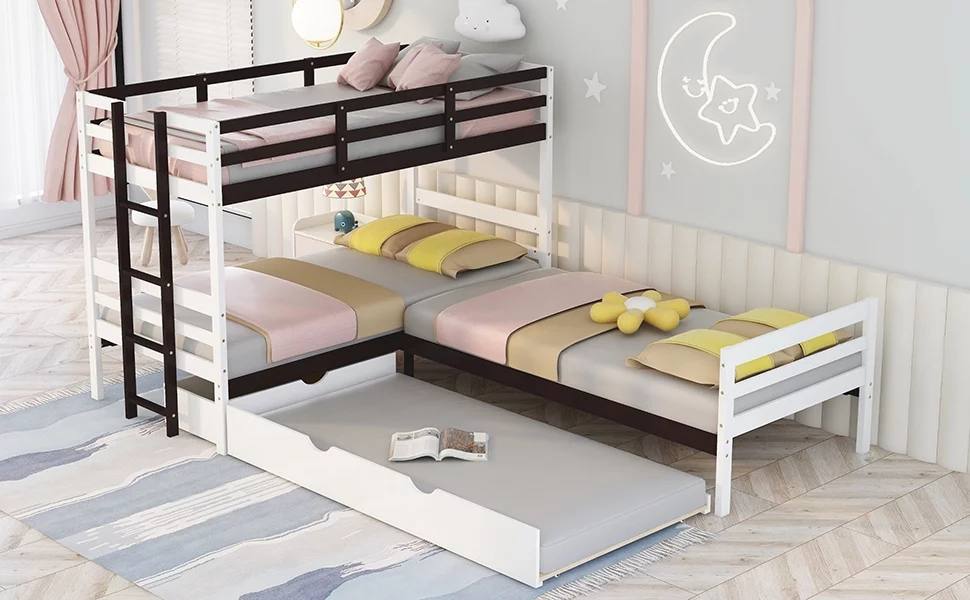 L-Shaped Twin Bunk Bed and Platform Bed with Trundle and Drawer, White - Curated Treasures Market