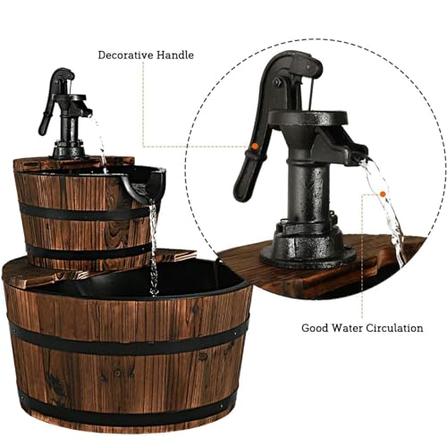 Giantex 2-Tier Barrel Waterfall Fountain Outdoor, Rustic Wood Barrel Cascading Water Fountain with Electric Pump