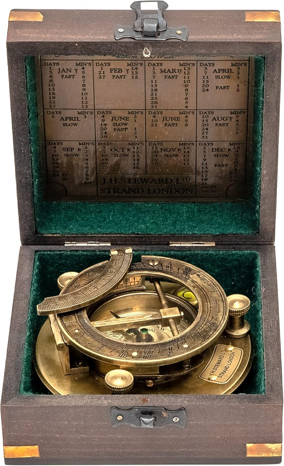 Antique Look Maritime Ship Navigation Brass Sailor Sundial Compass with Wooden Box Vintage Gift Item J.H.Steward Ltd. Strand London Functional