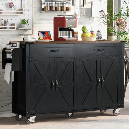 Amposei Farmhouse Rolling Kitchen Island with Power Outlet, Drop Leaf Breakfast Bar, Wooden Mobile Storage Island Cart on Wheels with Drawers