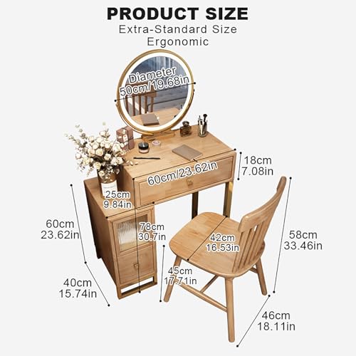 Wooden Makeup Desk for Bedroom Dressing Room Vanity Desk with Mirror and Lights 3 Lighting Color Adjustable Vanity with Drawers with Cushioned Stool