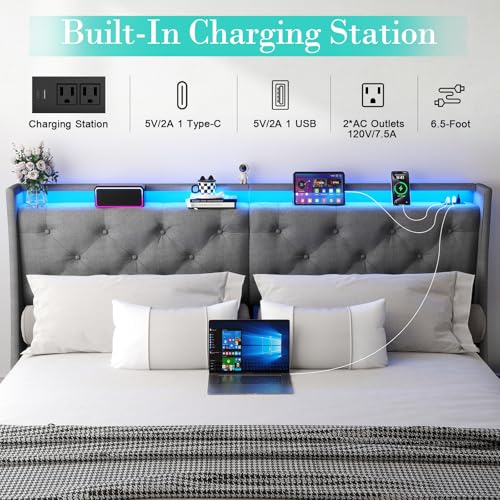 Queen Bed Frame with 2 Storage Drawers, Platform Bed Frame Queen Size with LED Light, Upholstered Headboard, Charging Station, Steel Slat Support