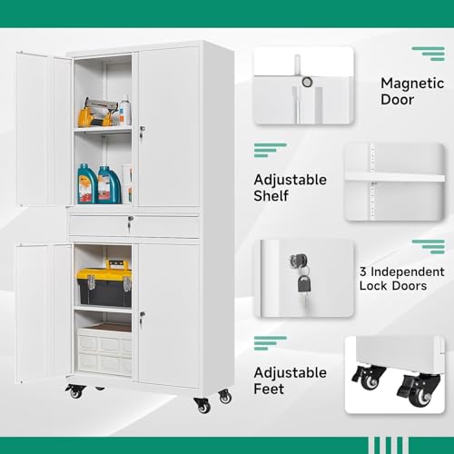 Letaya Metal Garage Storage Cabinet with Drawer,4 Door Tool Cabinet with Lock-2 Adjustable Shelves for Garage Home Office Utility Room (Black)