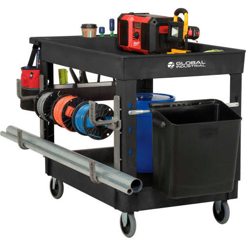 Industrial Service u0026 Utility Cart, Plastic 2 Tray Black Shelf, 44 x 25-1/2, 5 inch Rubber Casters 800334