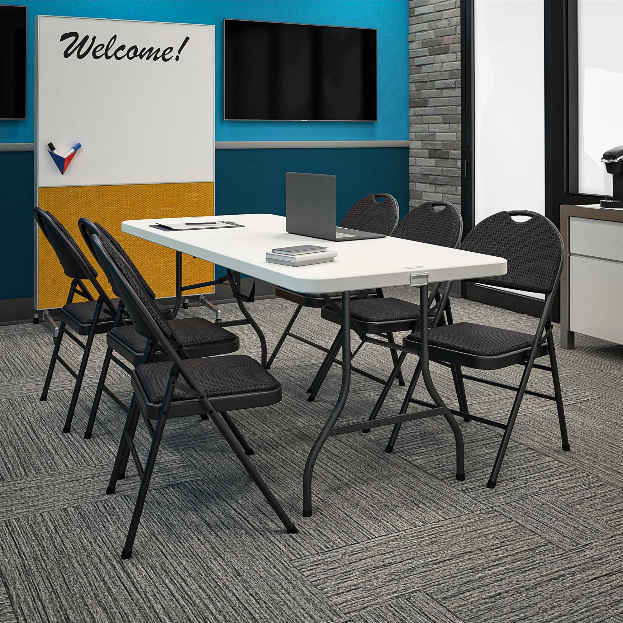 COSCO Commercial XL Comfort Fabric Padded Metal Folding Chair, Triple Braced, Black, 4-Pack