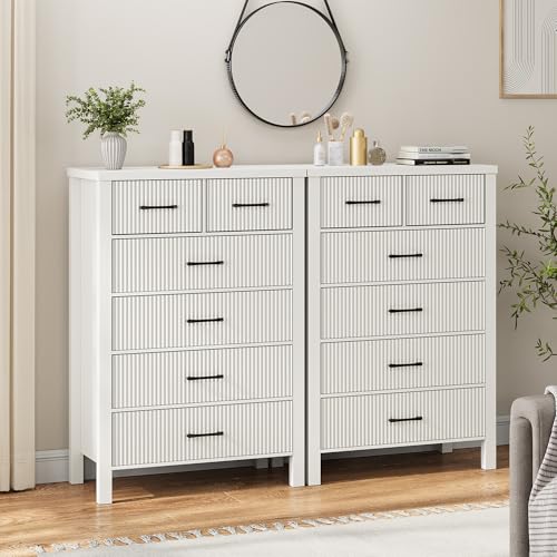 Fluted 6 Drawers Dresser for Bedroom, Tall Boho Chest of Drawers with Metal Handle, Wooden Closet Clothes Storage Organizer for Living Room