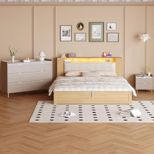 Merax 3 Pieces Bedroom Sets, Queen Size Upholstered Platform Bed with Storage Nightstand and 6 Drawers Dresser Cabinet, Motion Activated Night Lights