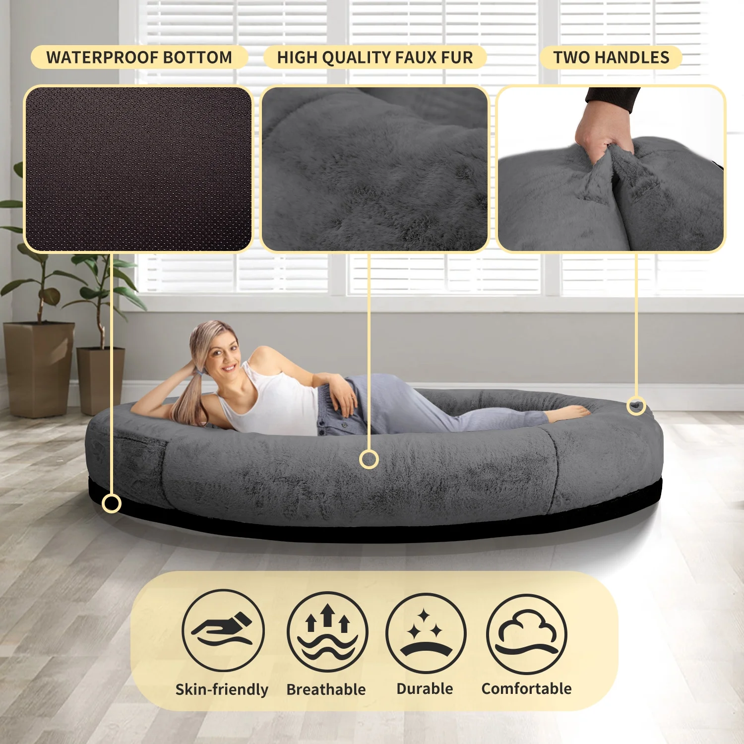 Human Dog Bed for Pets and Adults, 71"x45"x16", Washable Faux Fur Cover with Blanket and Pillow, Extra Large Human Size Beanbag Bed
