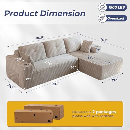 MAXYOYO 110" Modular Sectional Couch with L-Shape Chaise, Modern Boneless Couch for Living Room, Sofa in A Box, Oversized Sofa Sleeper with Deep Seat