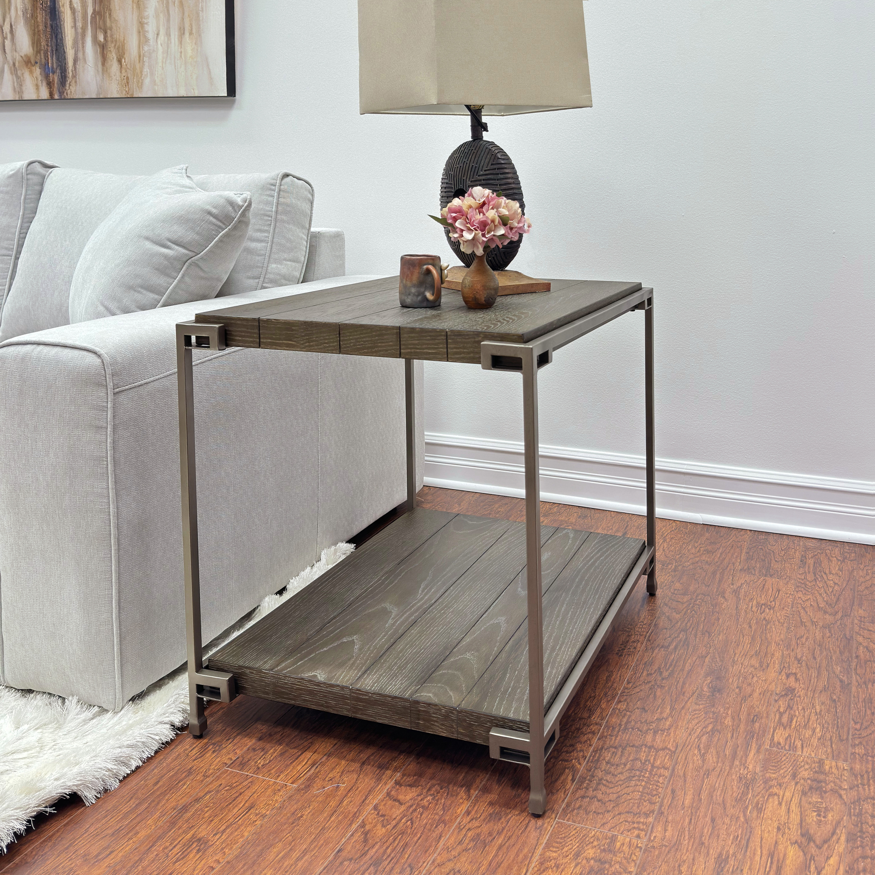 Roundhill Furniture Wood/Metal Corbeta End Table with Shelf in Graphite Gray