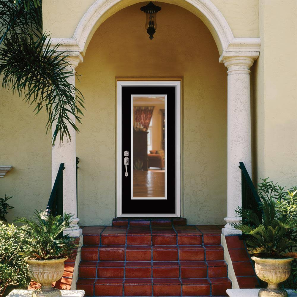 Masonite 36 in. x 80 in. Full Lite Jet Black Left Hand Inswing Painted Smooth Fiberglass Prehung Front Exterior Door w/ Brickmol