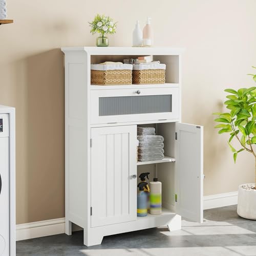 ChooChoo Bathroom Floor Storage Cabinet with Flip Glass Drawer, Freestanding with 2 Doors, Adjustable Shelf & 1 Open Storage for Living Room, Hallway