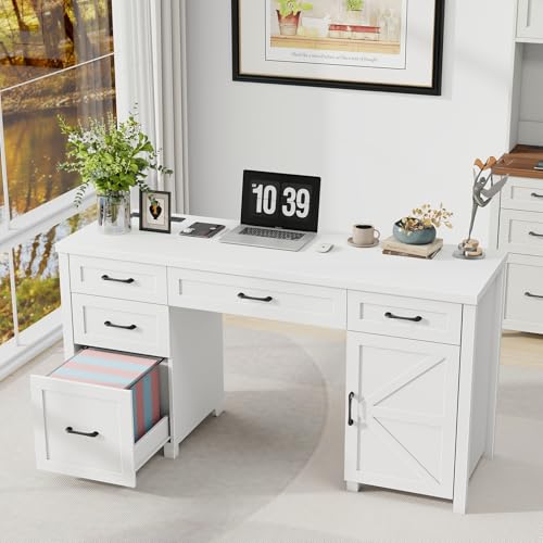 Farmhouse 61'' Executive Desk with 5 Drawers, Rustic Office Desk Computer Desk with Charging Station, File Drawers and Storage Cabinet