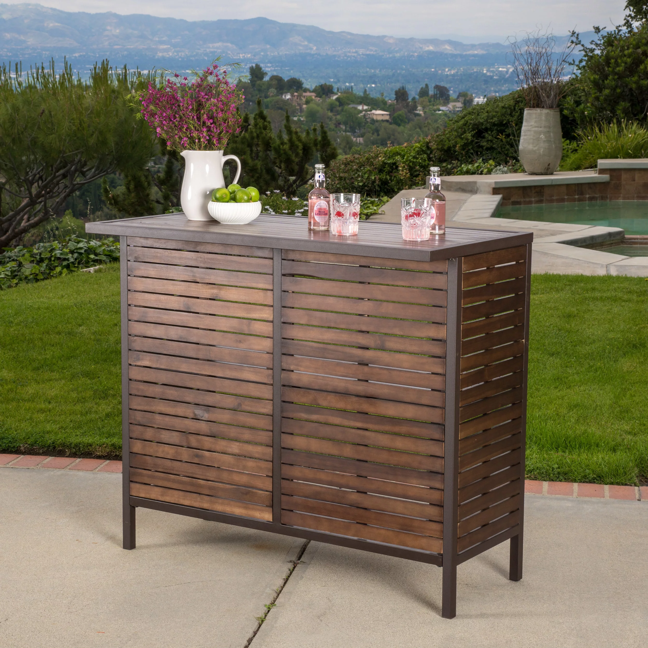 Ellis Outdoor 3 Piece Acacia Wood Bar Set, Dark Brown
