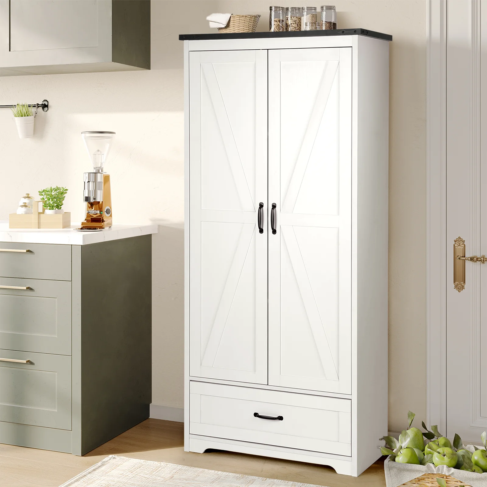71" Tall Farmhouse Kitchen Pantry, Large Wood Storage Cabinet with Drawer & 2 Barn Doors, Versatile Storage with Adjustable Shelves, for Dining Room