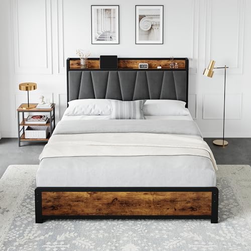 GAOMON Full Size Bed Frame with 4 Storage Drawers and Linen Upholstered Headboard, Full Platform Bed Frame with Charging Station