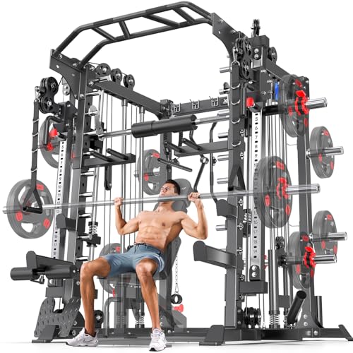 Power Cage Smith Machine Power Rack Multifunctional Deep Squat Rack Cable Crossover System Selectable More Training Attachment for Garage & Home Gym