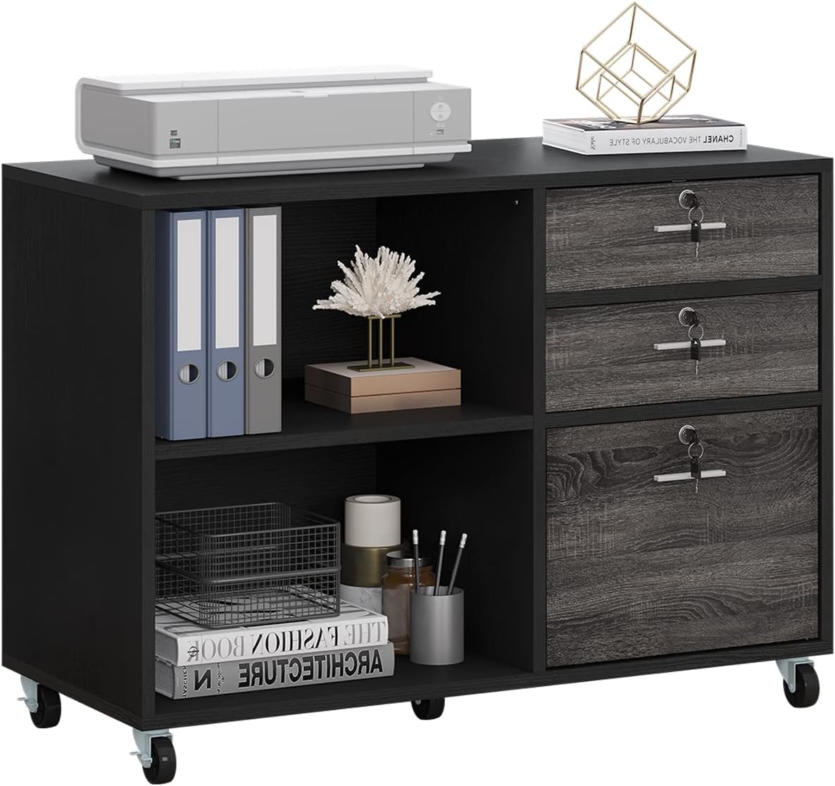 YITAHOME Wood File Cabinet, 3 Drawer Mobile Lateral Filing Cabinet, Storage Cabinet Printer Stand with 2 Open Shelves for Home Office Organization