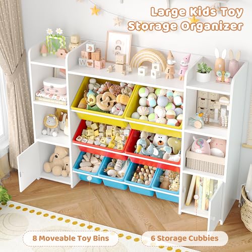 FOTOSOK 55''Large Toy Storage Organizer with 8 Toy Bins, Toy Organizers and Storage with Shelf and 6 Storage Cubbies, Bookshelf for Kids