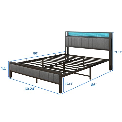 Queen Bed Frame with Storage Headboard and Footboard, Metal Platform Upholstered Bed Frame Queen Size with Charging Station
