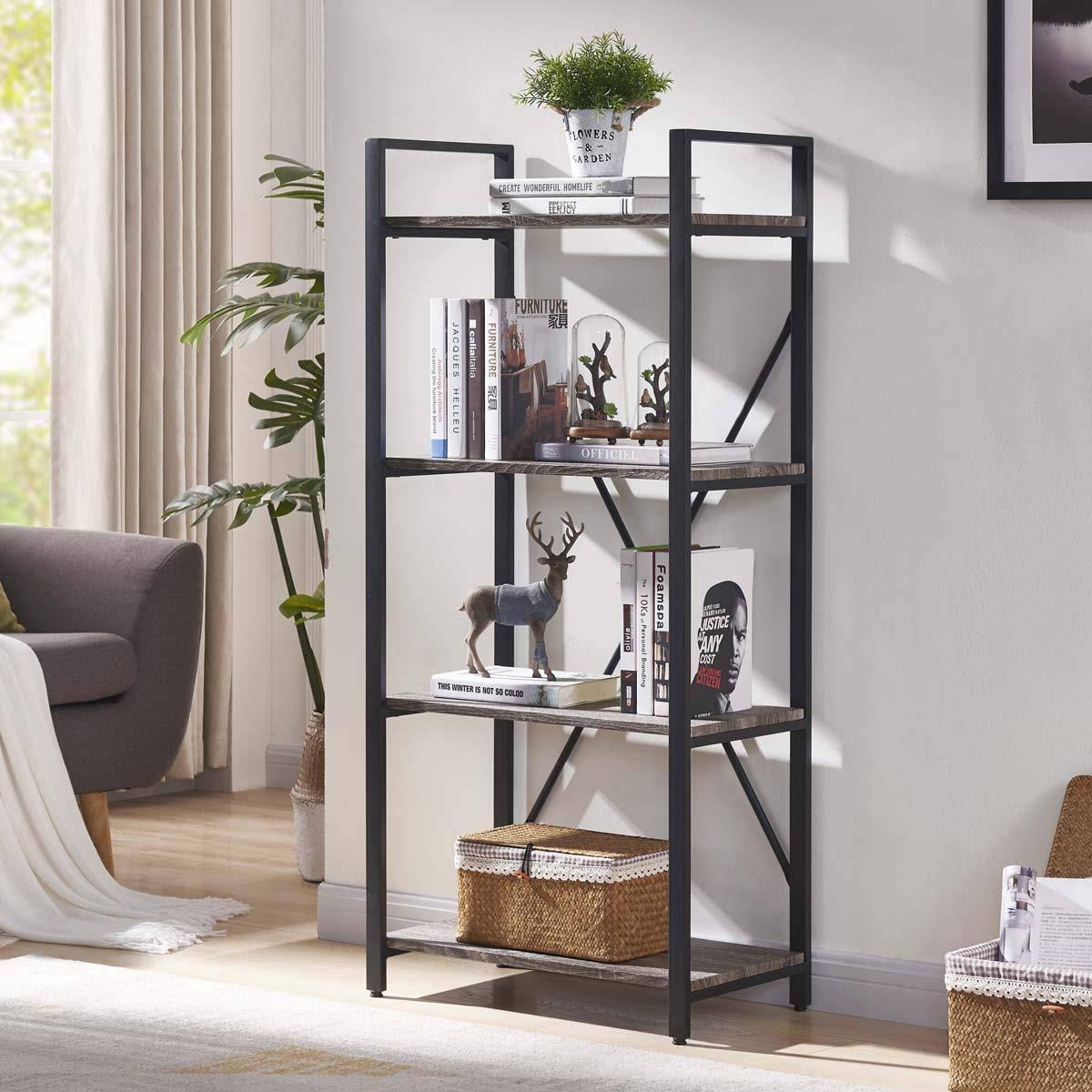 Bon Augure 4-Shelf Open Narrow Bookshelf, Vintage Industrial Bookcase, Rustic Wood and Metal Shelf, Dark Oak