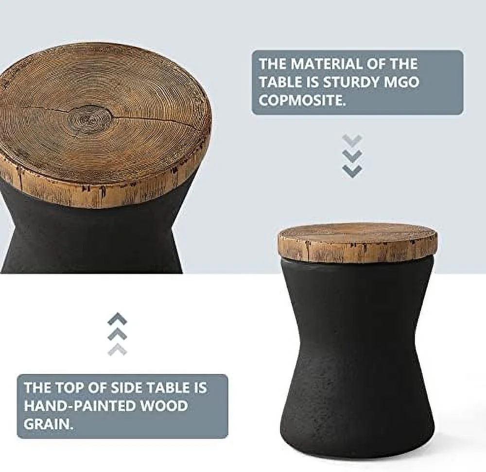 Drum End Table Cylinder Shaped Concrete Side Table Faux-Wood Top  Black Outdoor Accent Table with Tree Trunk Slice Hand Painted  Accent Stool