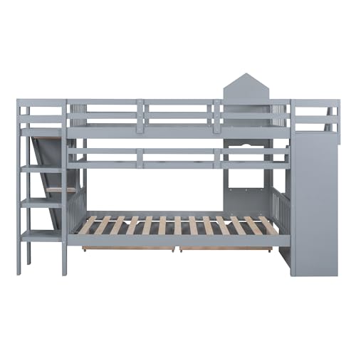SOFTSEA Twin Over Twin Bunk Bed with Slide and Storage Solid Wood Bunk Bed Frame with Staircase and Drawers, Pink