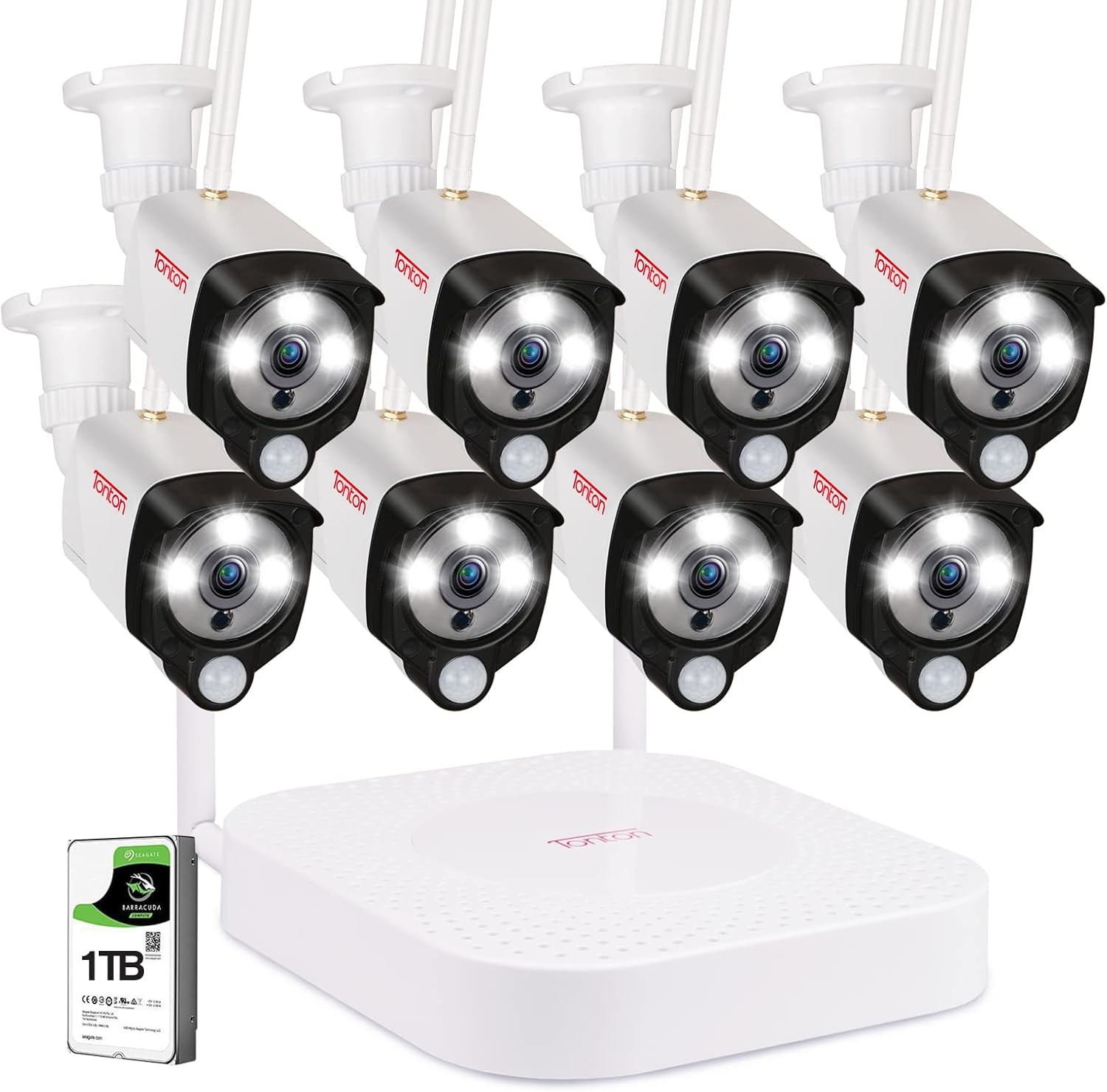 [2K&2 Way Audio&Thermal Detect] Tonton Security Camera System Wireless,8CH NVR with 1TB HDD and 8PCS 3MP Outdoor Bullet Cameras with PIR Sensor