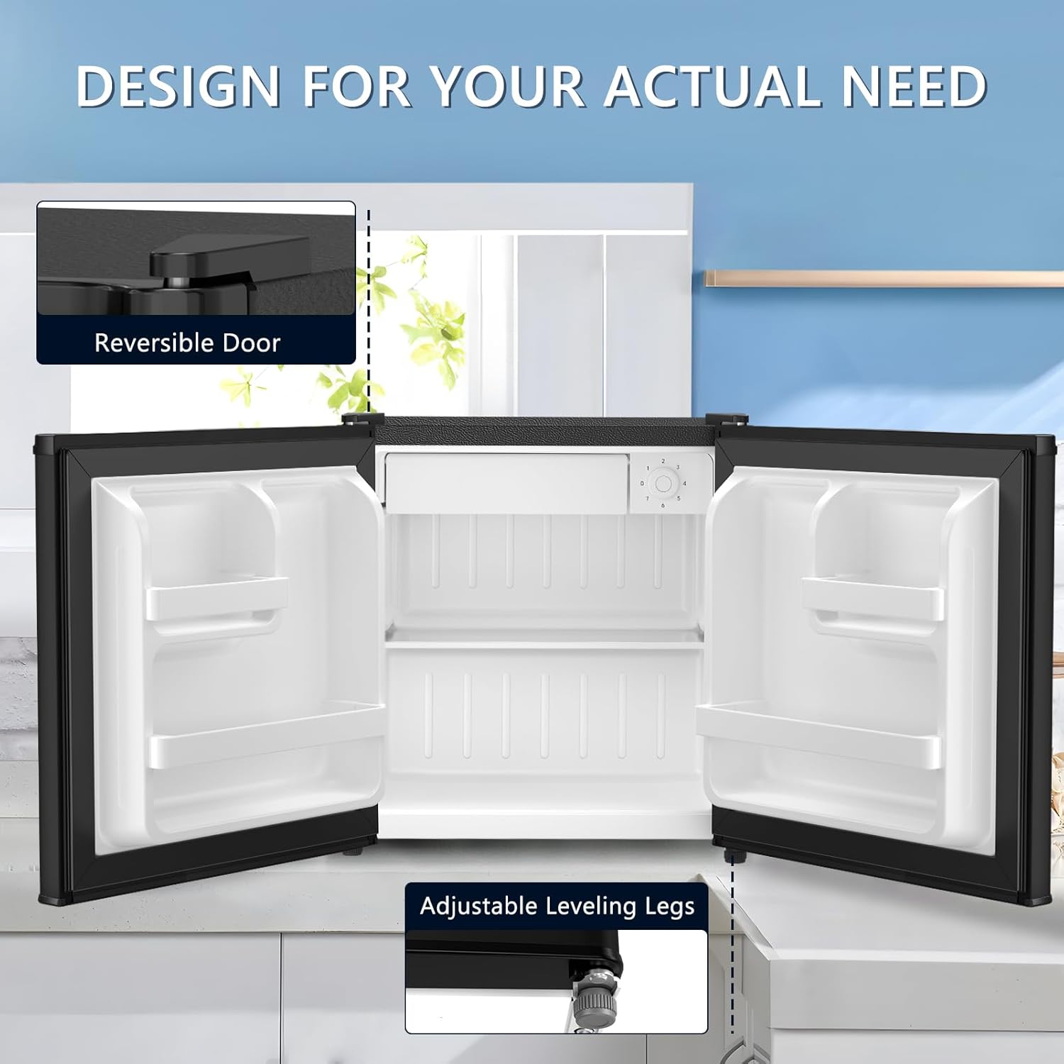 Antarctic Star Mini Fridge with Freezer, 1.4 Cu. Ft Compact Refrigerator, Dorm Fridge, Single Reversible Door, Removable Glass Shelf, Defrost Button