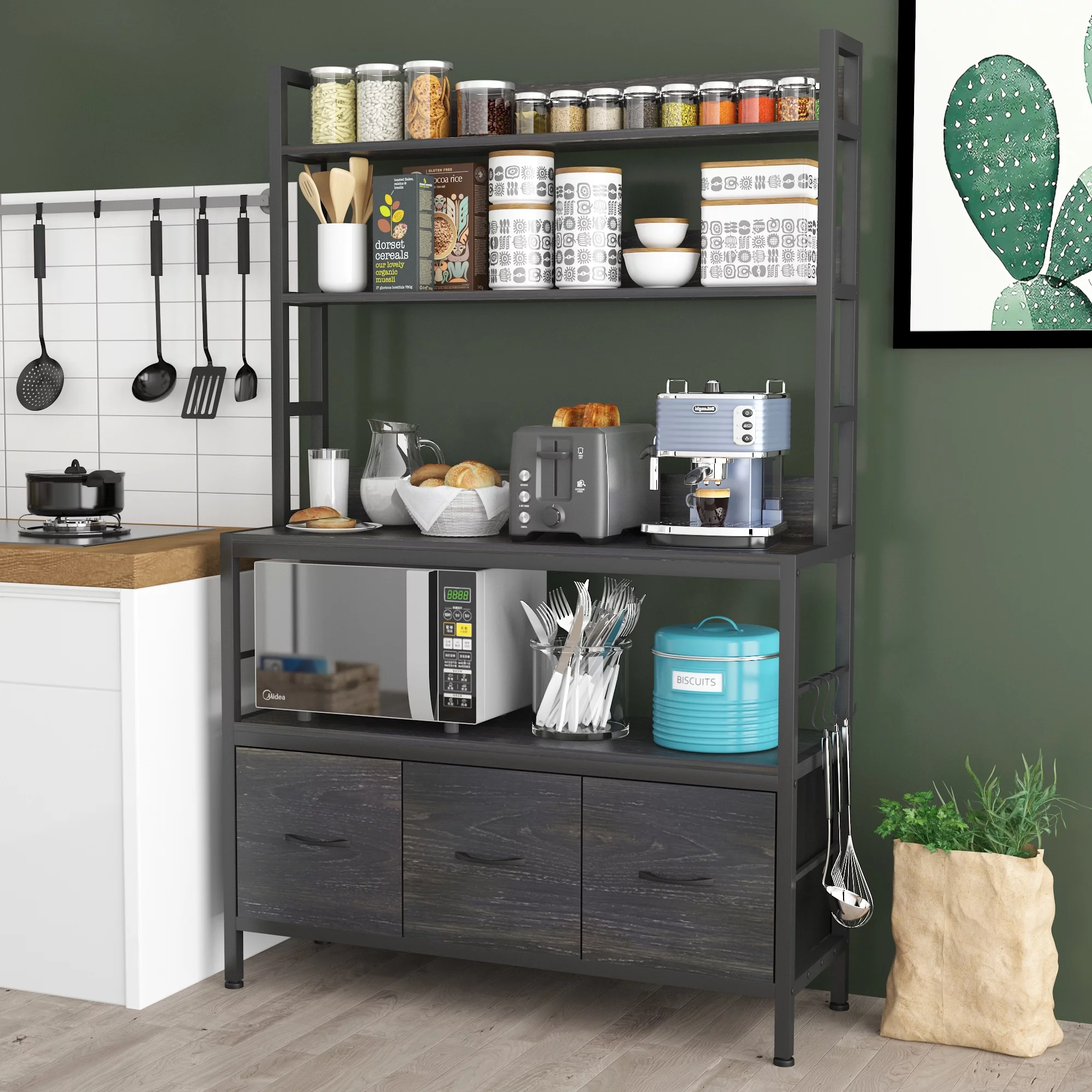 NAIYUFA Bakers Rack 5-Tier Wood Kitchen Storage Shelf with Baskets and Hooks Industrial Microwave Oven Stand,Black