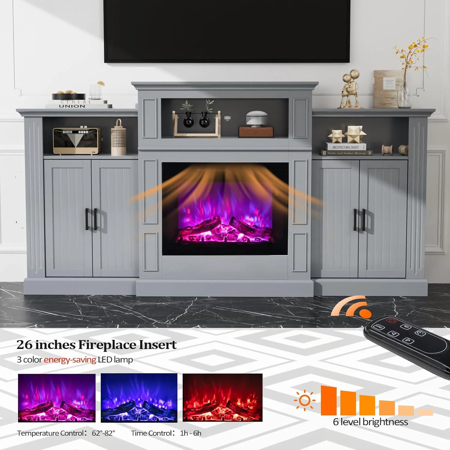 VINGLI Electric Fireplace with Mantel, 79 inches Fireplace TV Stand Media Console Entertainment Center, Gray