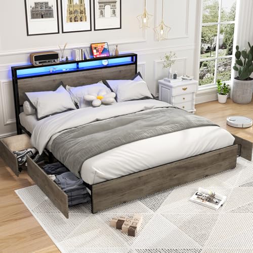 Full Size Bed Frame with Headboard, LED Platform Bed with 4 Storage Drawers, Built in Charging Station, Noise-Free, Metal Support Base