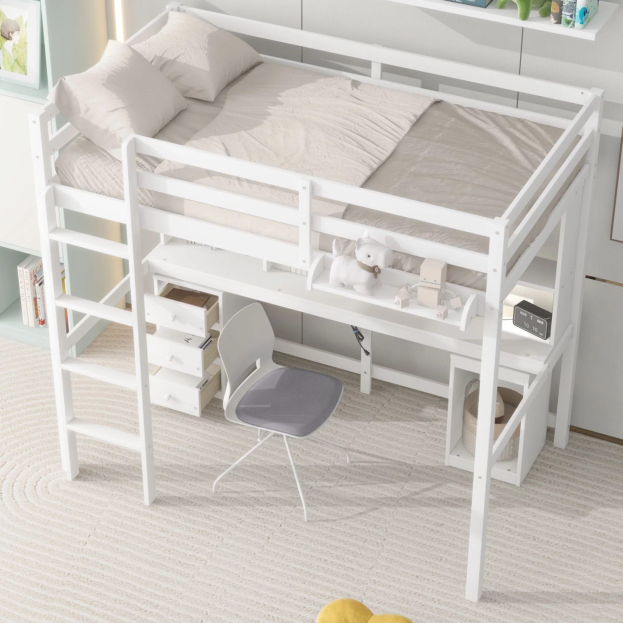 Euroco Twin Size Loft Bed with Built-in Desk, 3 Drawers and USB Charging Station, LED Light Under Bed Space