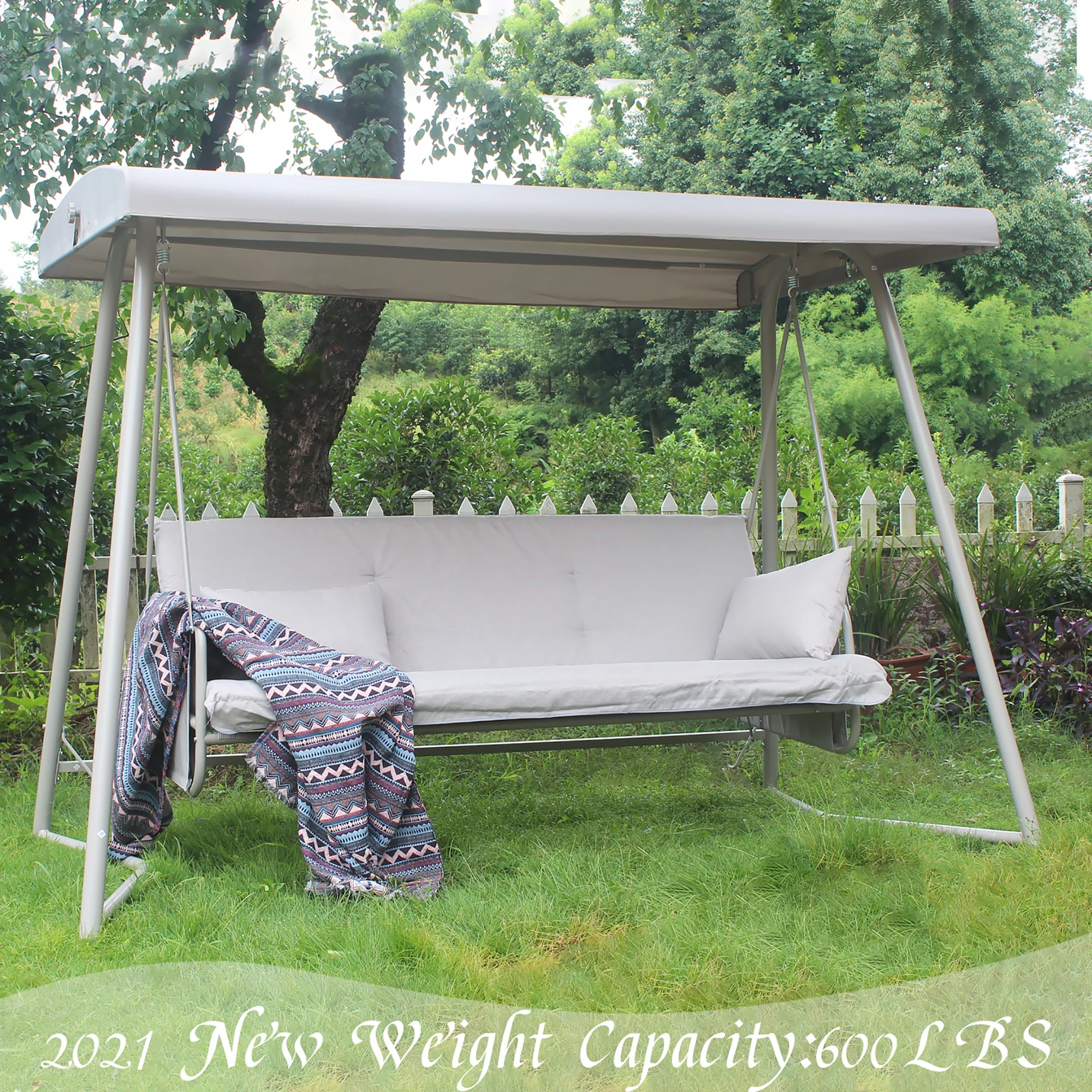 3-Seater Outdoor Convertible Canopy Swing Chair Bench Bed with Comfortable Cushion Seats for Patio Porch Garden - Curated Treasures Market