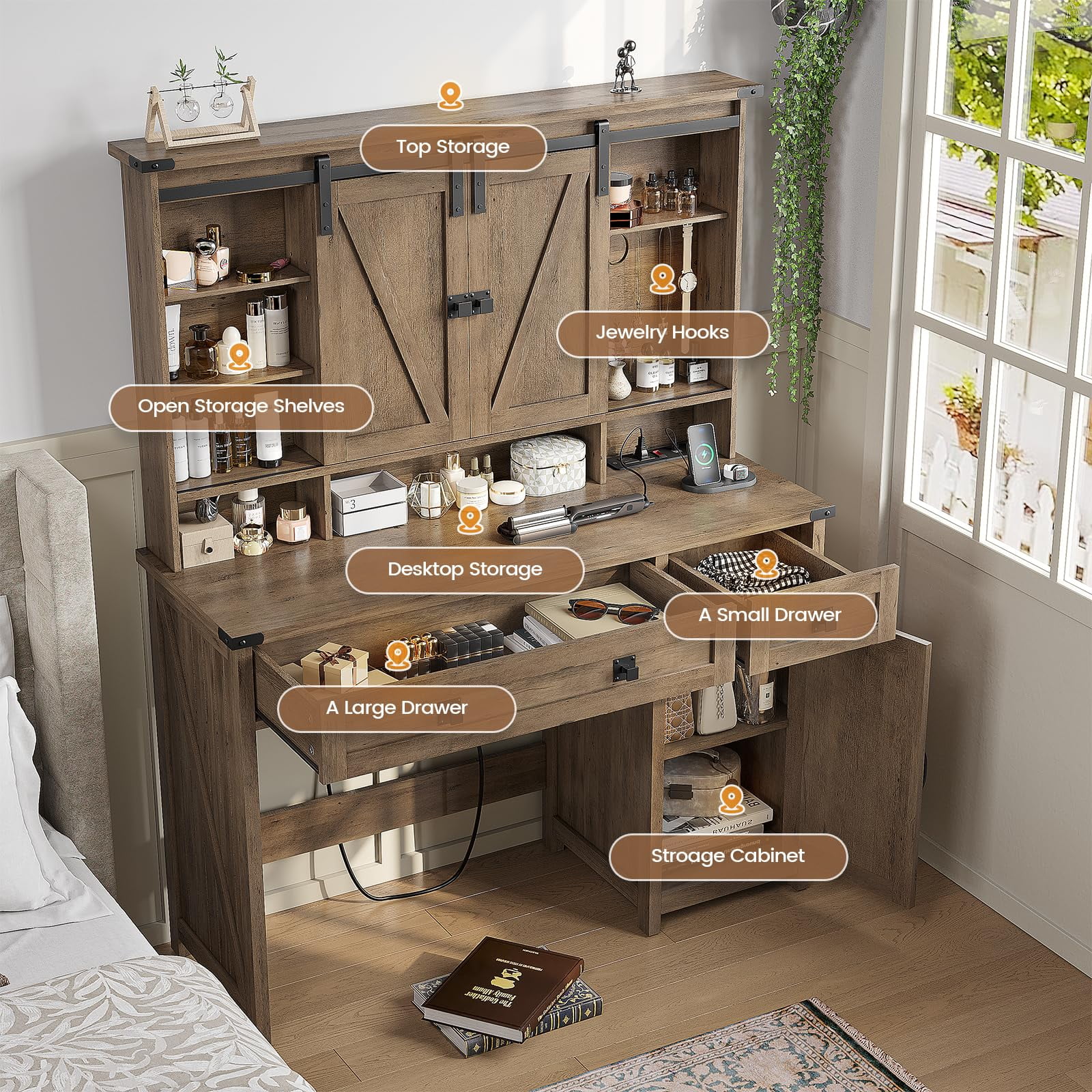 Vanity Table with Charging Station and Lights Mirror, Farmhouse Makeup Desk with Barn Doors, Brown