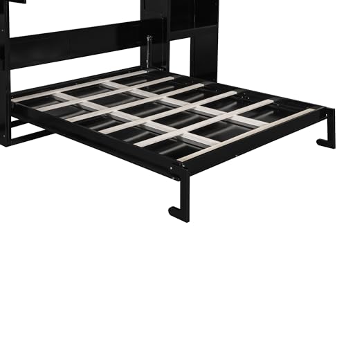 Queen Size Farmhouse Murphy Bed Cabinet with Charging Station, Foldable Platform Bed Frame with 2 Storage Drawers