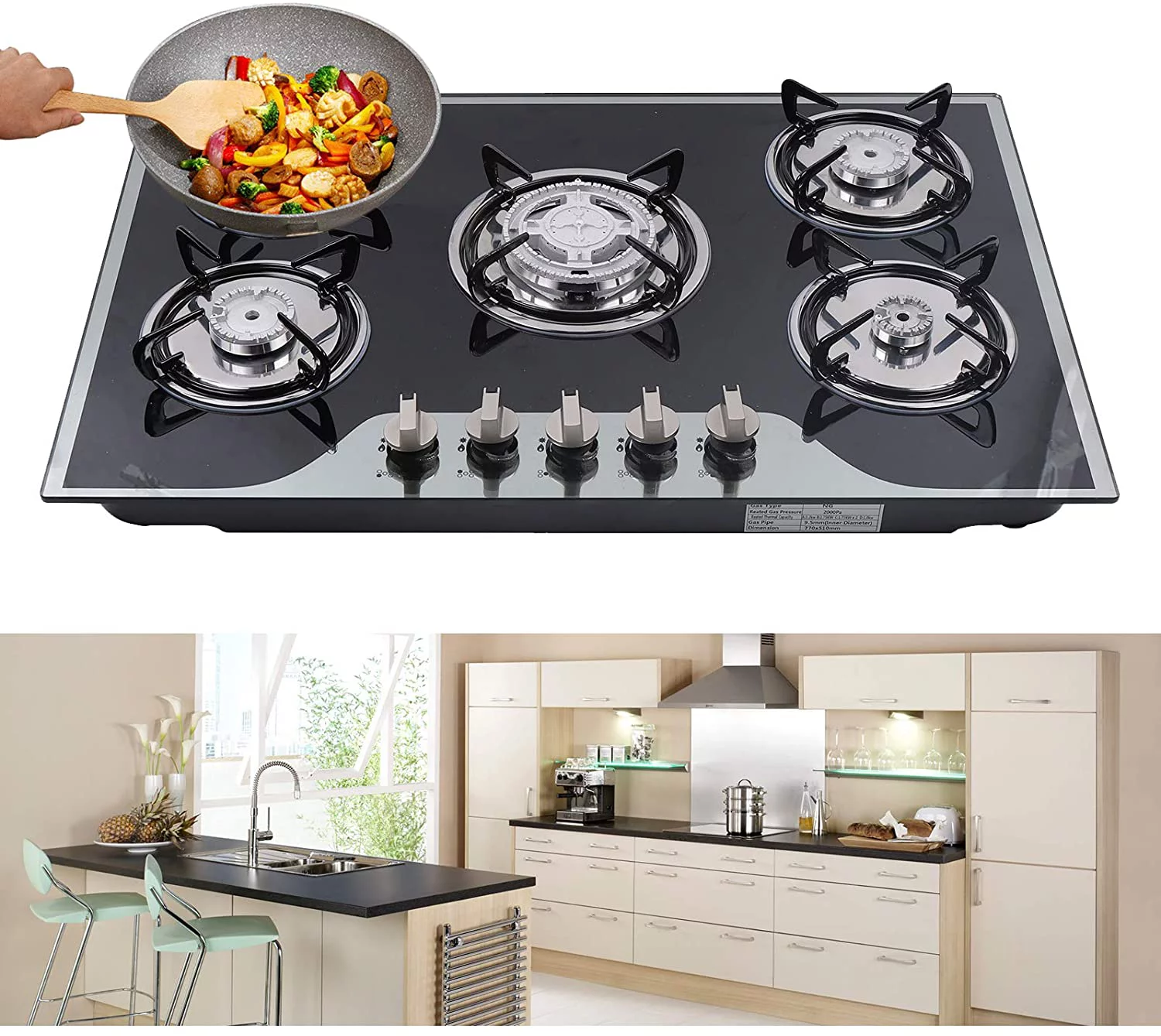 30" Gas Cooktop 5 Burner Stove Tempered Glass Gas Cooktop