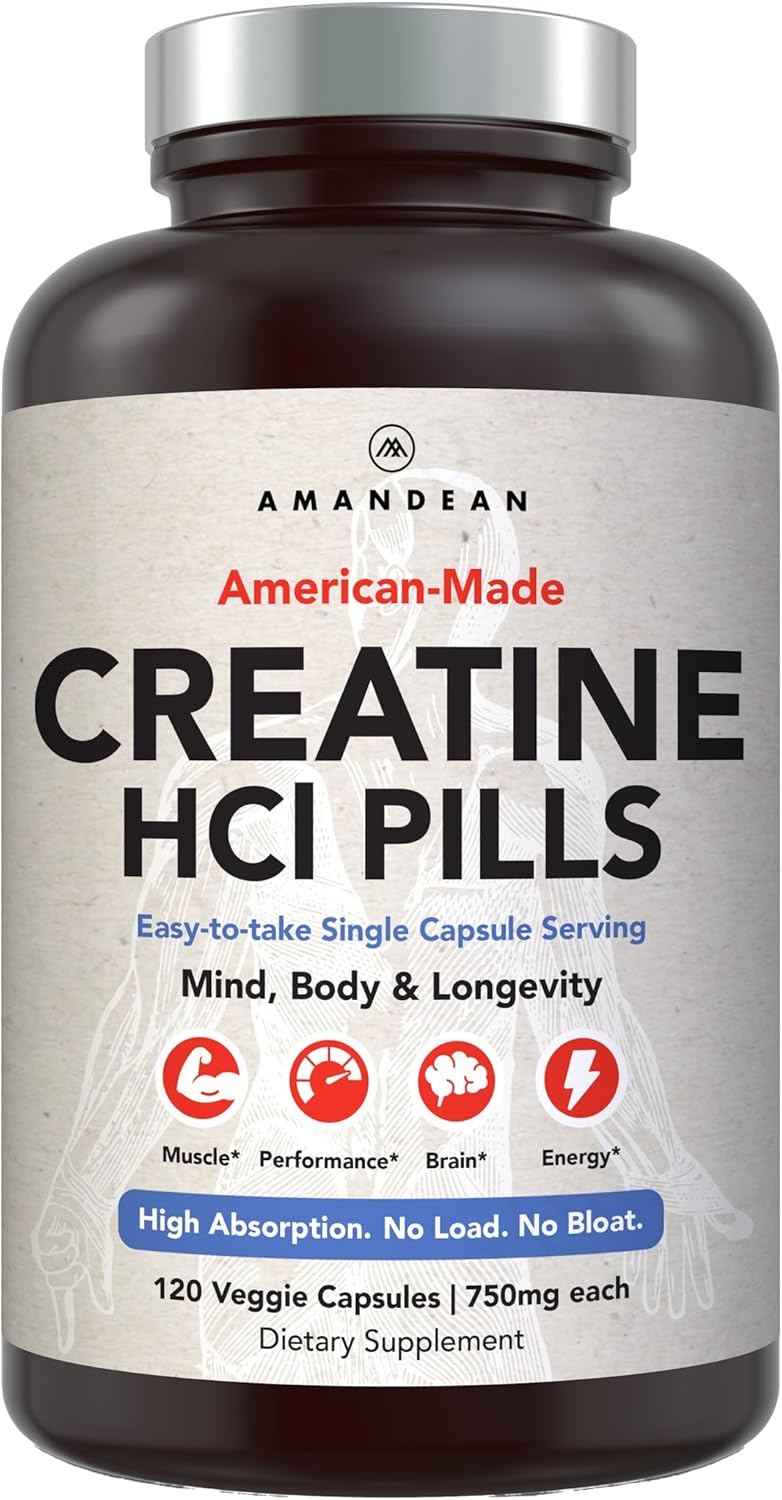 AMANDEAN Creatine HCl Pills. American Made CON-CRET. 120 Veggie Capsules. 7X Concentrated vs Monohydrate Powder. Supports Muscle Growth, Energy